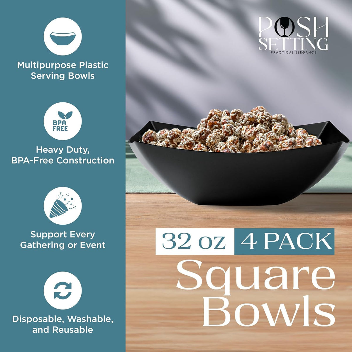 Posh Setting - Black Plastic Serving Bowls (32oz - 4 Pack) Square, Disposable, Salad & Fruit Bowls for Party Table, Candy Containers for Candy Buffet