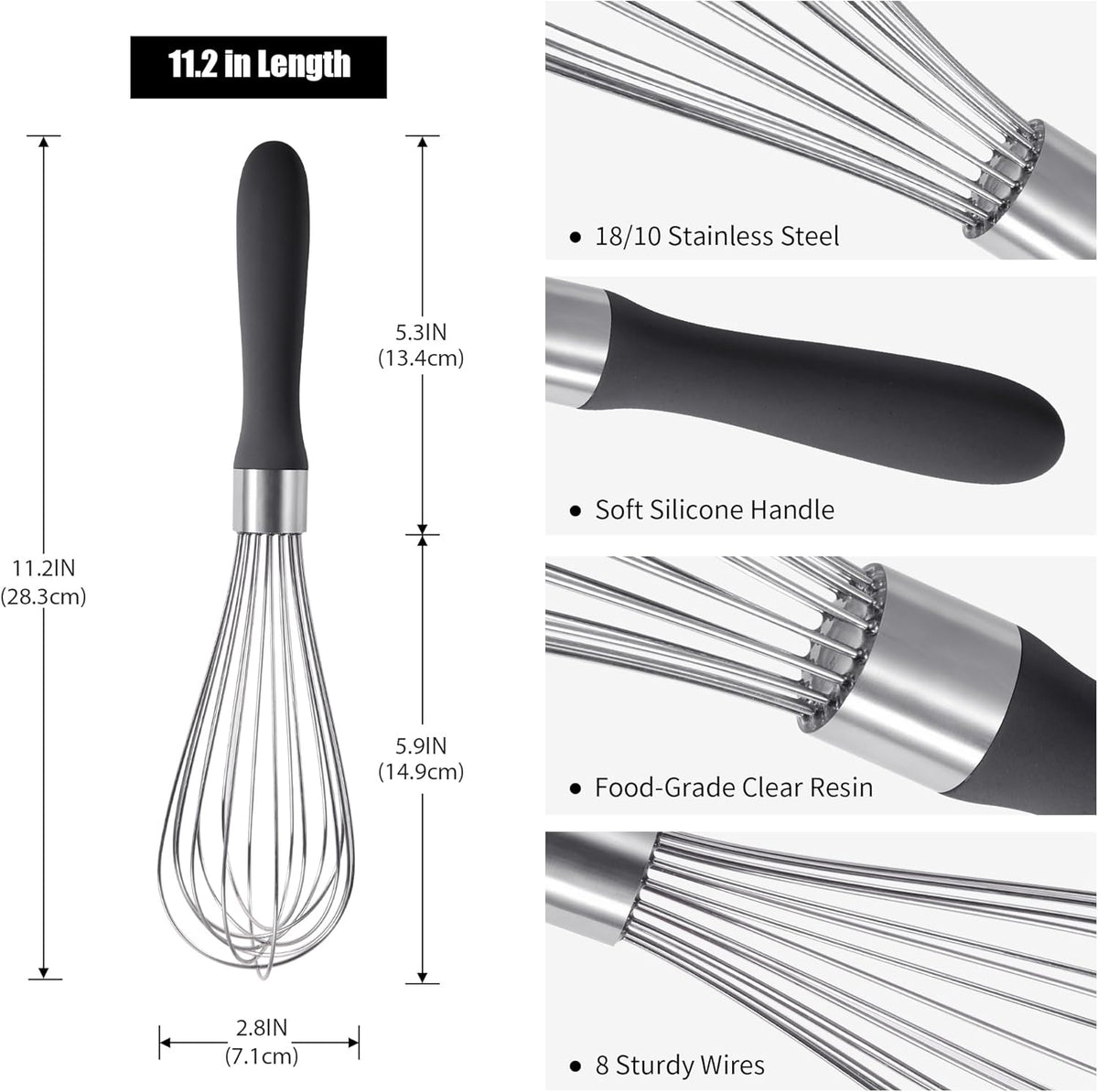 18/8 Stainless Steel Balloon Whisk, Doosu Kitchen Whisk for Cooking Handheld Egg Beater with Rust-Proof Sturdy Wires & Non-Slip Silicone Handle for Beating, Stirring, Blending (8 Wires, Black)