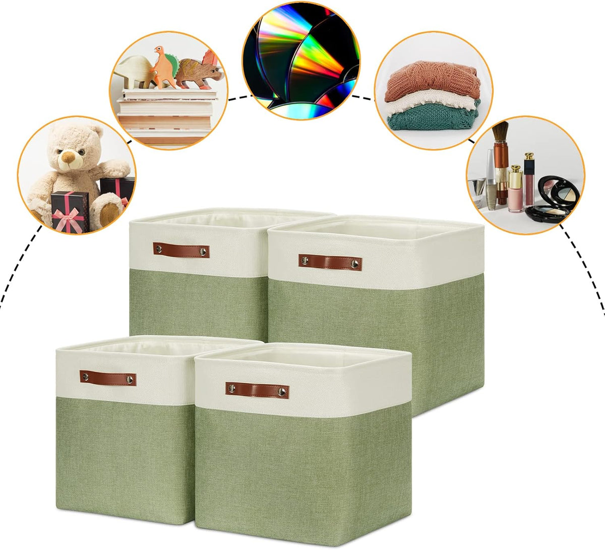 DULLEMELO Storage Baskets for Organizing, Linen Closet Organizers and Storage Baskets for Dog Toy Box, 13 Inch Decorative Cube Storage Bins with handle for Baby Gift Basket(4 Pack - 13" White&Green)