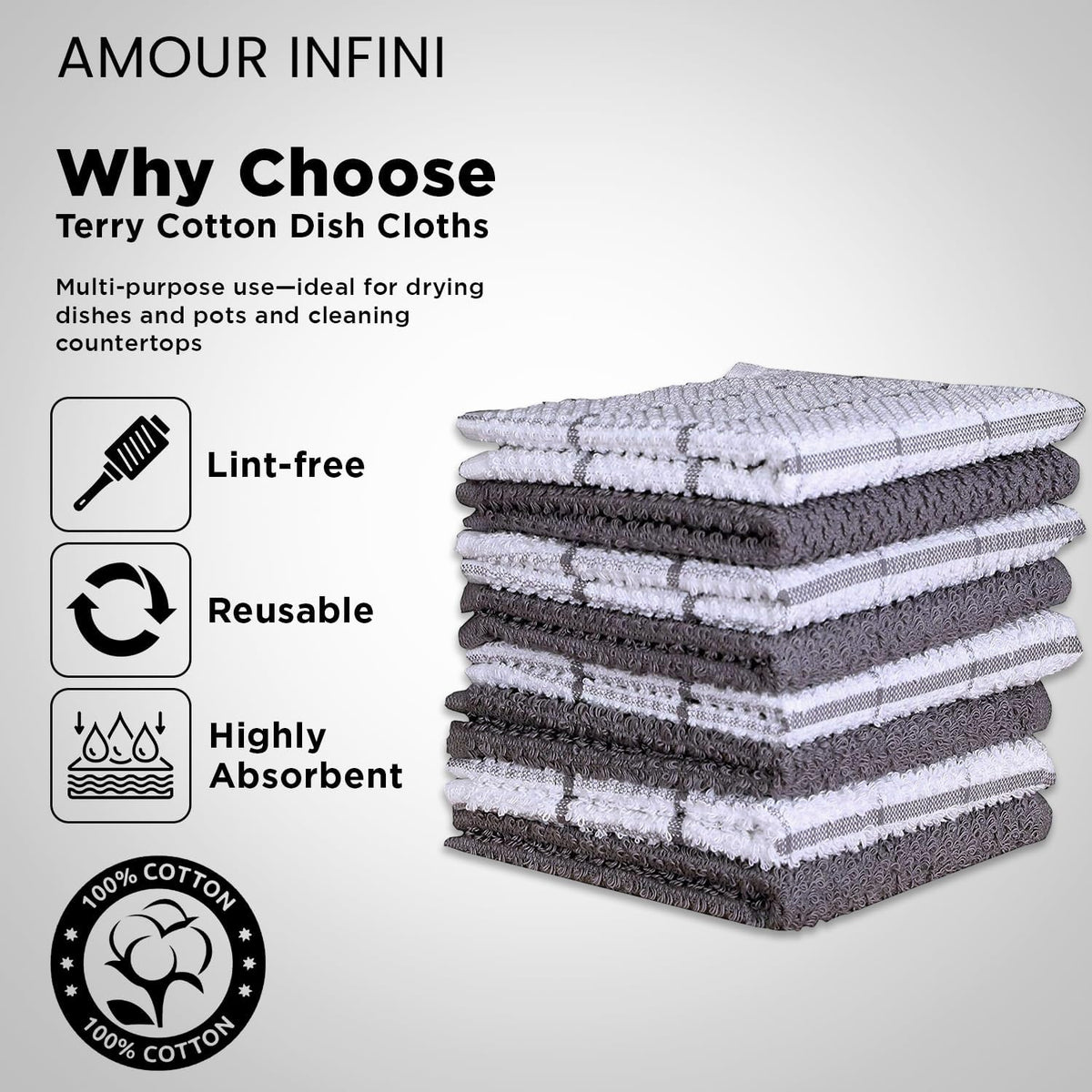 AMOUR INFINI Cotton Kitchen Dish Cloths Set of 8 – Highly Absorbent, Super Soft Premium Terry Cleaning Cloth (12"x12" Inch) Premium Dishcloths for Washing Dishes (Light Gray)