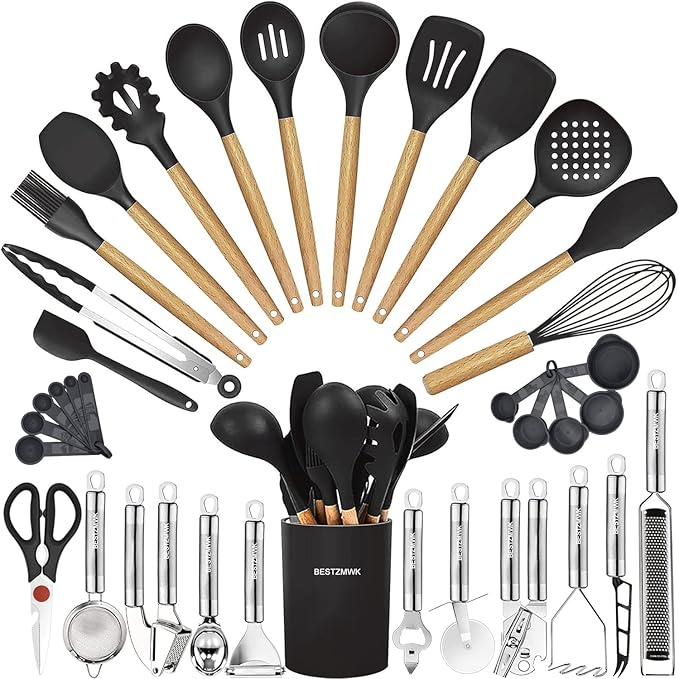 Cooking Utensils Set- 35 PCs Kitchen Utensils with Grater,Tongs, Spoon Spatula &Turner Made of Heat Resistant Food Grade Silicone and Wooden Handles Kitchen Gadgets Tools Set for Nonstick Cookware