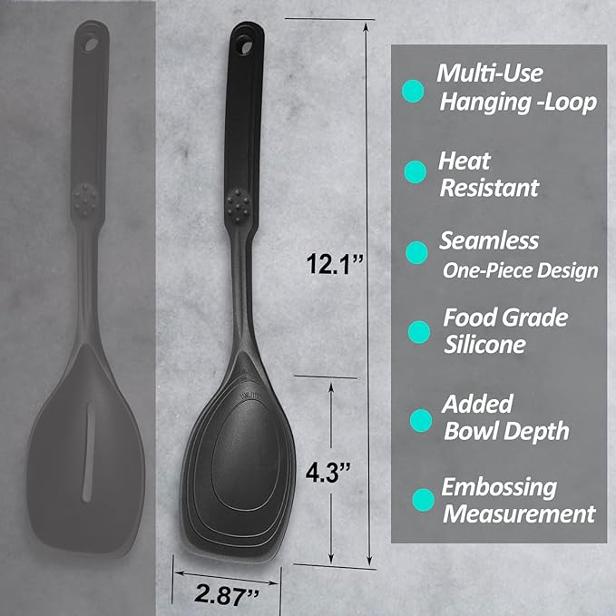 Large Silicone Cooking Spoon, Non-Stick Solid Spoon set with Deep Bolw and Measurement Mark for Mixing, Serving, Draining, Scooping, Scraping, Heat Resistant Kitchen Utensils, Black