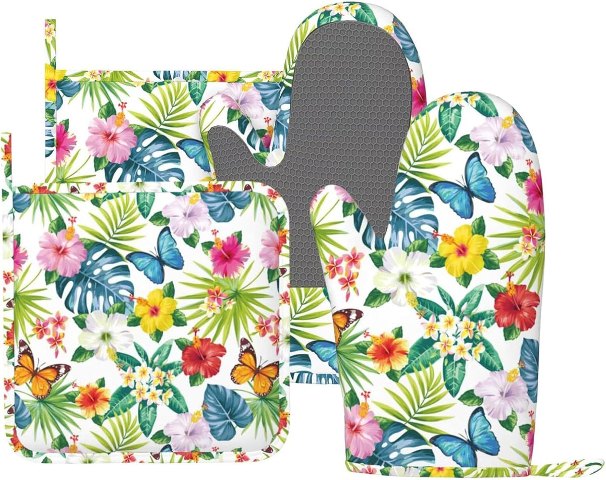 Tropical Floral Flower Leaves Butterfly Oven Mitts and Pot Holders Set of 4 Silicone Kitchen Mitten Gloves and Non-Slip Potholders Set Heat Resistant Oven Gloves Hot Holders for Kitchen