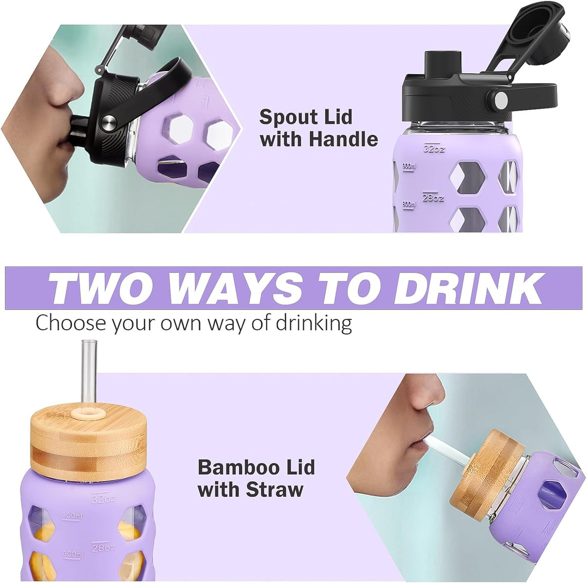 MUKOKO Glass Water Bottles, 32oz Glass Tumbler with Straw, Drinking Bottles with 2 Lids-Handle Spout Lid&Bamboo Straw Lid, Motivational Water Bottle with Time Marker and Silicone Sleeve, 1 Pack-Purple