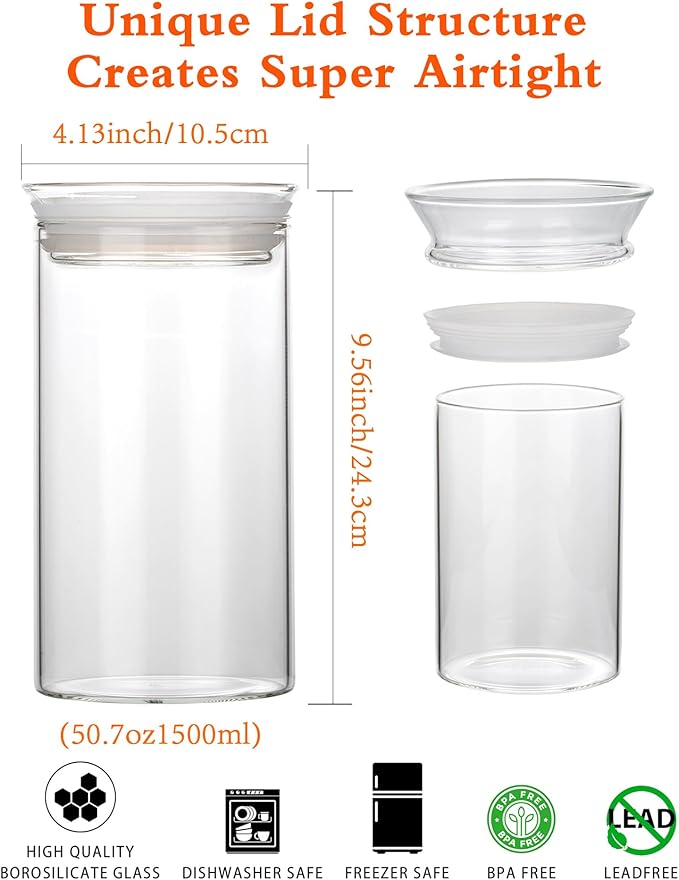ZENS Modern Glass Food Storage Jars Set of 2, 50oz Clear Glass Canisters with Airtight Lids, Large Container for Kitchen Pantry Pasta, Sugar, Flour, Coffee, Pasta, Tea