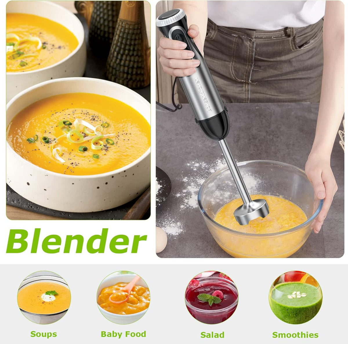 Bonsenkitchen Immersion Handheld Blender with Whisk, 20-Speed & Turbo Mode Hand Blender Stick 500W, 304 Stainless Steel Hand Blender for Soup, Smoothie, Puree, Baby Food