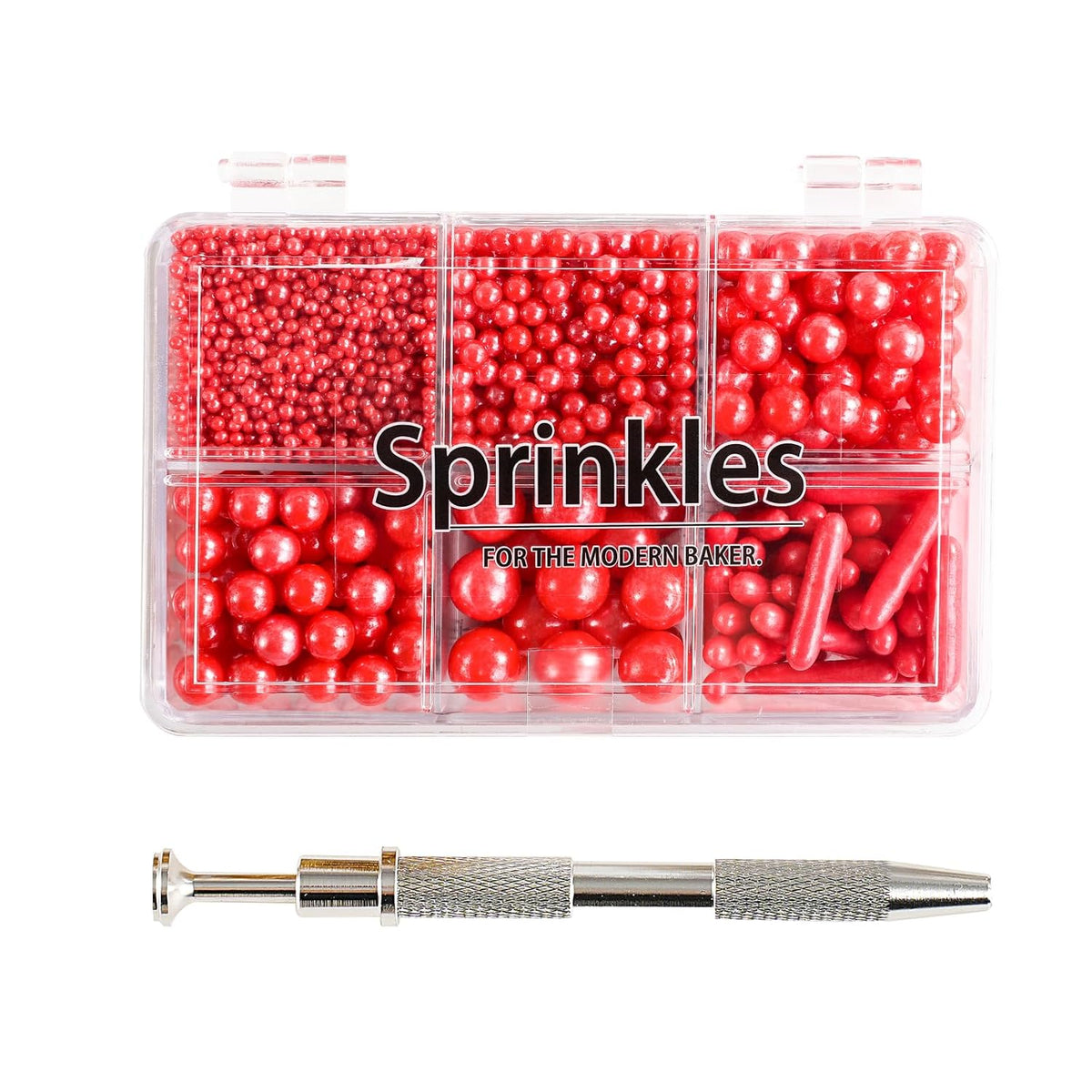 Kasvan Red Mix Sugar Sprinkles - Edible Candy Pearls with 4-Claw Sprinkle Pen,118g/4.16 Oz, Gift Box Pack, Baking Cake Decorations, Ice Cream Toppings and Cookie Decorating (Red)