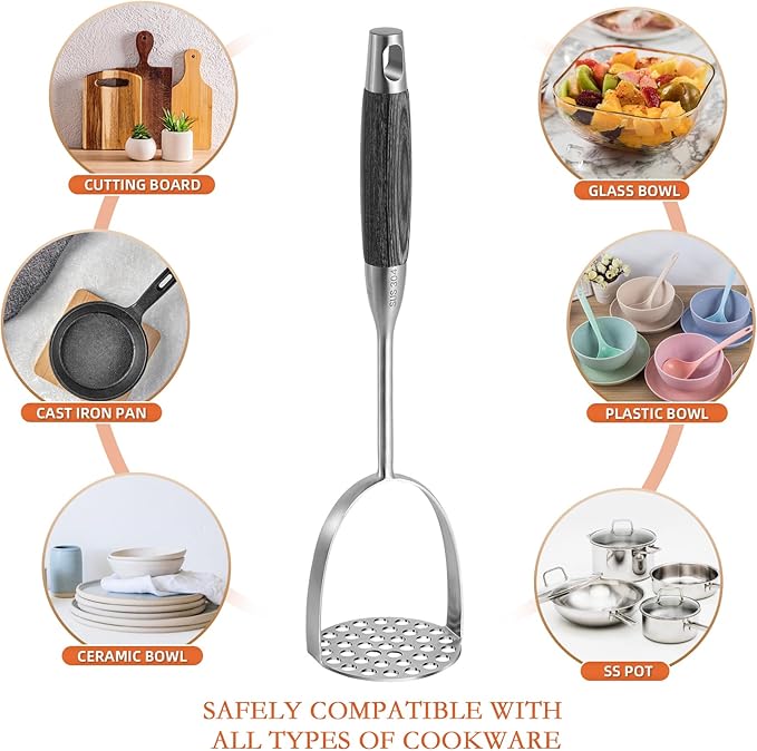 Potato Masher Stainless Steel, Heavy Duty Mashed Potatoe Masher,Professional Integrated Food Masher for Avocado, Potatoes, Beans, Meat, Vegetables (Black wooden handle Masher)