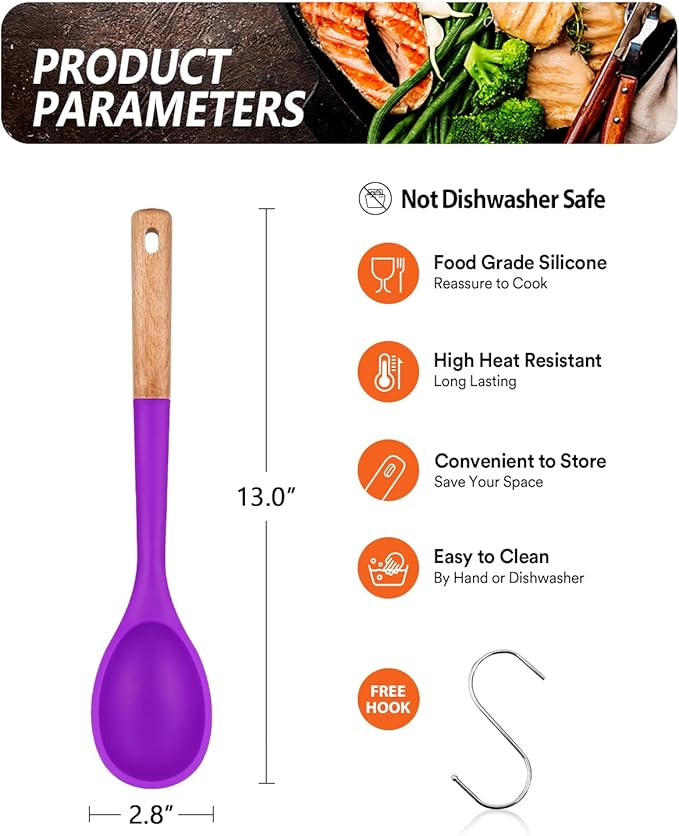 Large Silicone Cooking Spoons, Nonstick Solid Wooden Handle Spoon, Heat Resistan Silicone Kitchen Spoons for Cooking, Serving, Basting, Mixing, 13.2inch (BERRY)