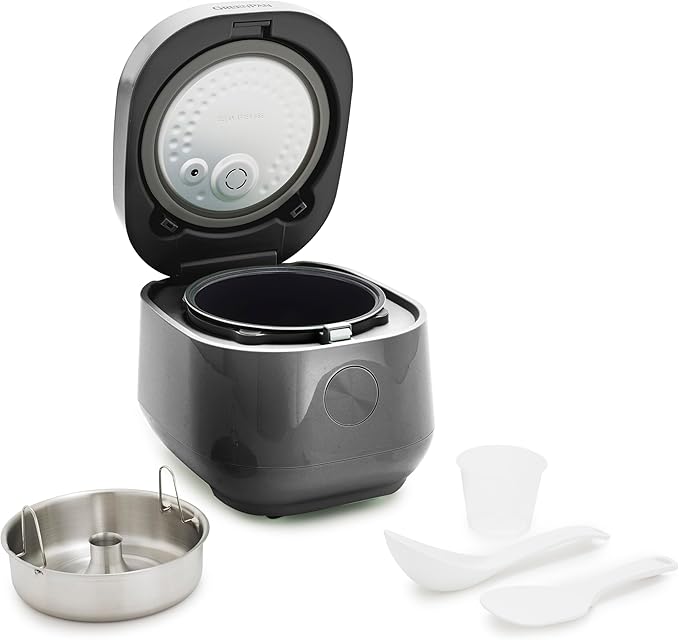 GreenPan Rice Cooker, 8 Cups Cooked (4 Uncooked), Low-Carb & Soup Mode,10 ONE-TOUCH Cooking Presets, PFAS-Free Ceramic Steamer Basket, Fuzzy Logic, Auto Keep Warm, Oats, 24HR Delay Timer, Graphite