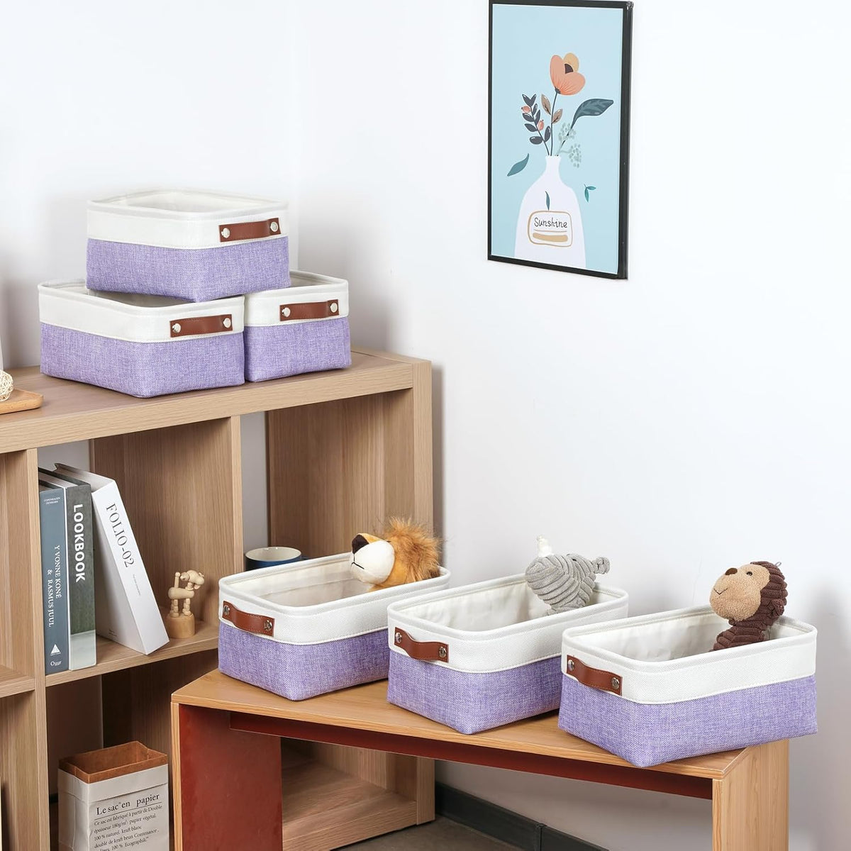DULLEMELO Small Storage Baskets 6 Pack, Fabric Collapsible Gift Storage Baskets for Shelves, Closets, Nursery, Home, Office Organizing,Small Canvas Linen Rectangular Storage Bins (White&Purple)