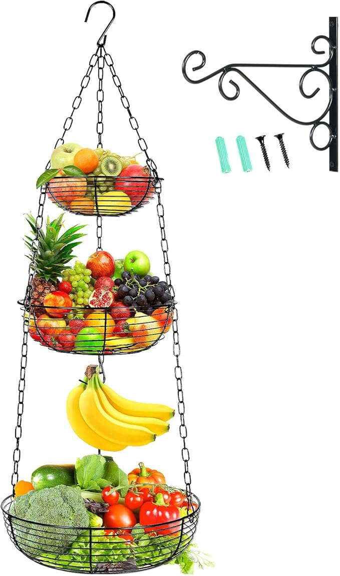 HULISEN 3 Tier Hanging Fruit Basket with Banana Hook, 36-Inch Heavy-Duty Wire Hanging Baskets for Kitchen Storage, Vegetable Produce Organizer (Including Installation Bracket)