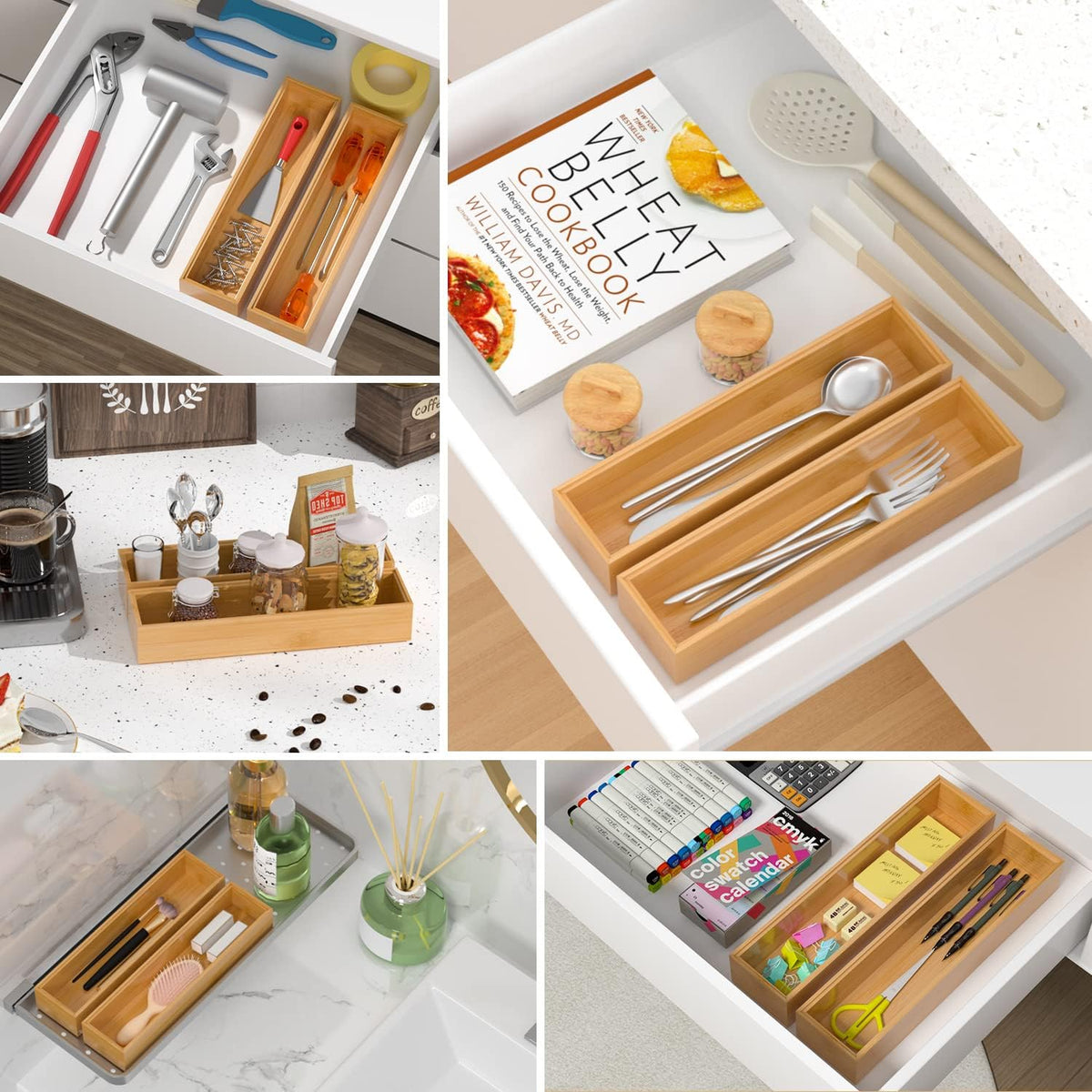 Silverware Tray for Drawer, Stackable Kitchen Bamboo Drawer Organizer 12" x 3" x 2" Set of 2