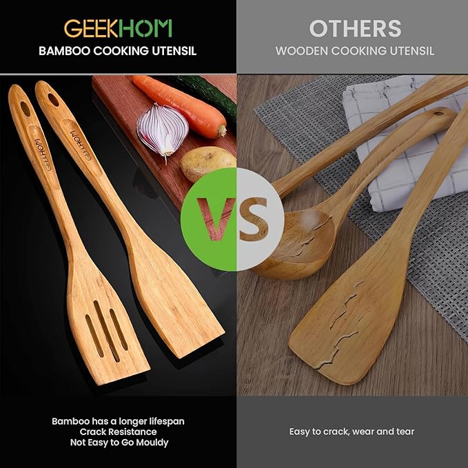 GEEKHOM Bamboo Spatulas for Nonstick Cookware, 13 Inch Wooden Kitchen Utensils, 2 Pack Wooden Spatula for Cooking, Slotted Wok Turners, Flipper for Pancake, Fish, Egg