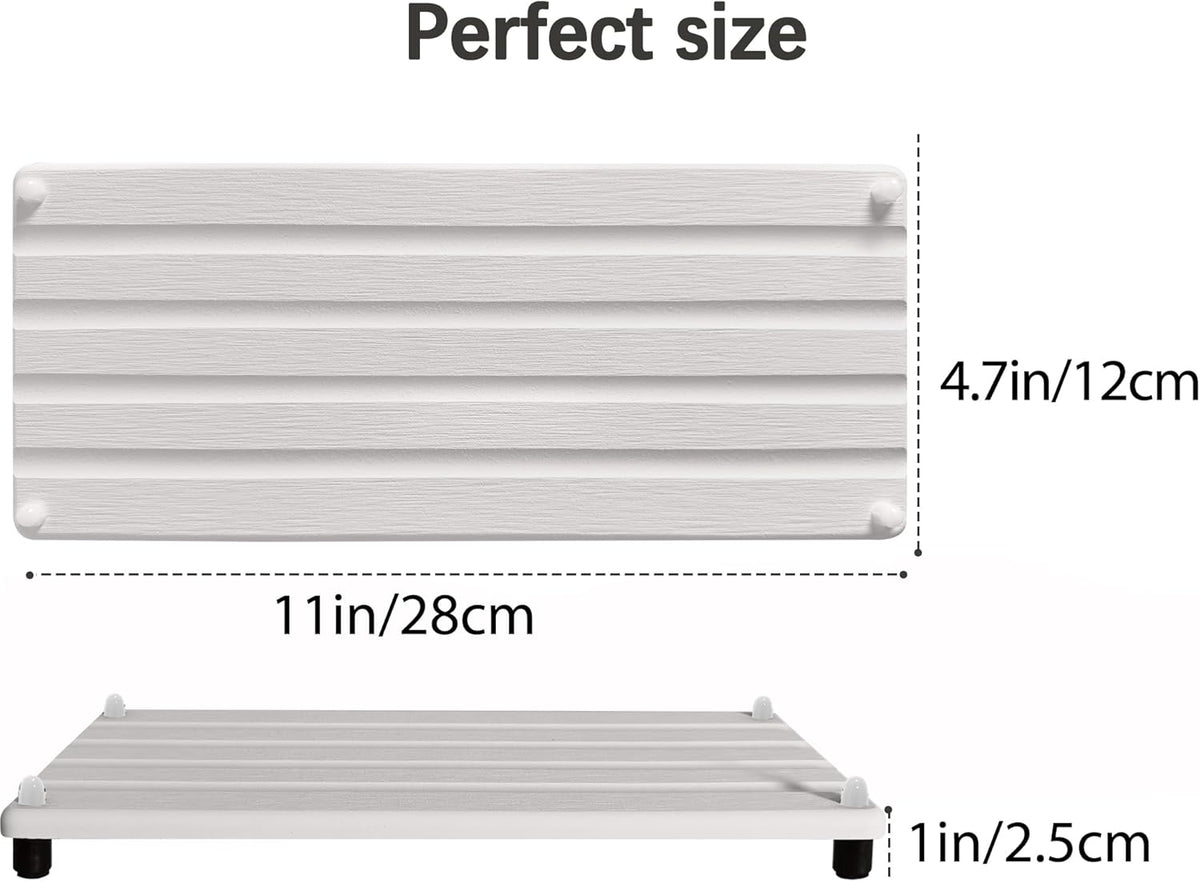2 PCS Water Absorbing Stone Trays for Bathroom Counter, Fast-Drying Faucet Mat for Kitchen Sink, Diatomite Sink Caddy, Hand Soap Holder with Anti-Skid Feet (11" x 4.7" White)