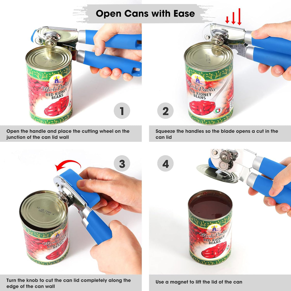 Beneno Can Opener Manual with Magnet, Hand Held Heavy Duty Can Opener with Durable Sharp Blade Smooth Edge, Big Effort-Saving Knob, Soft Grip Rubber Handle, Multifunctional Bottle Opener, Klein Blue