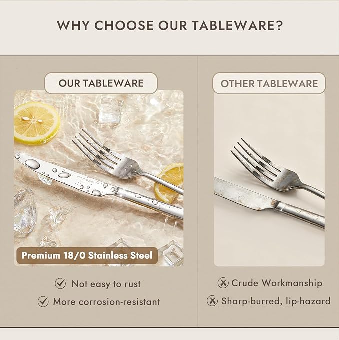 KINGSTONE Silverware Set with Steak Knives, 24-Piece Forged Flatware Set Cutlery Set Premium Stainless Steel, Service for 4, for Kitchen, Home, Wedding, Party, Mirror Polished and Dishwasher Safe