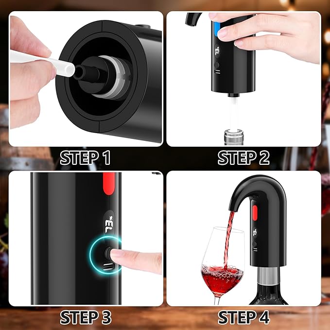 Electric Wine Aerator & Decanter Pump – Quiet Dual-Pump Aeration, Measured Pouring, Temp Display & USB Rechargeable System – Professional Wine Tool for Home Bars (Black)
