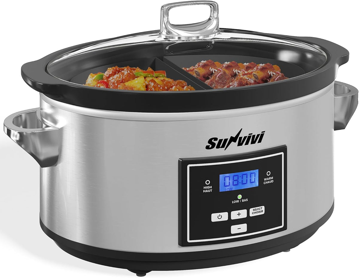 Sunvivi 6 Quart Programmable Slow Cooker with 2 in 1 Silicone Liners, Multi-Cooker Food Warmer with Digital Timer, Adjustable Tempature Control, Dishwasher Safe Parts, Silver