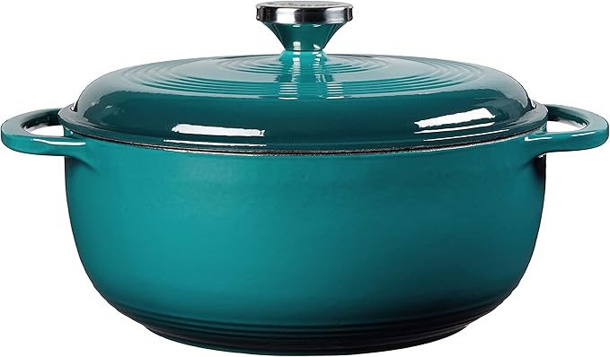 Lodge 4.5 Quart Enameled Cast Iron Dutch Oven with Lid – Dual Handles – Oven Safe up to 500° F or on Stovetop - Use to Marinate, Cook, Bake, Refrigerate and Serve – Lagoon