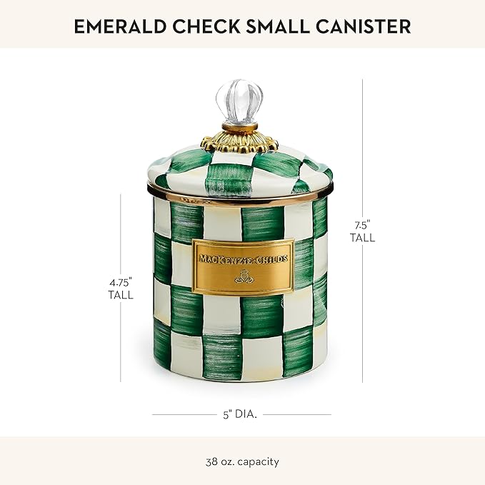 MACKENZIE-CHILDS Small Enamel Canister, Kitchen Storage Container with Lid, Green-and-White Emerald Check