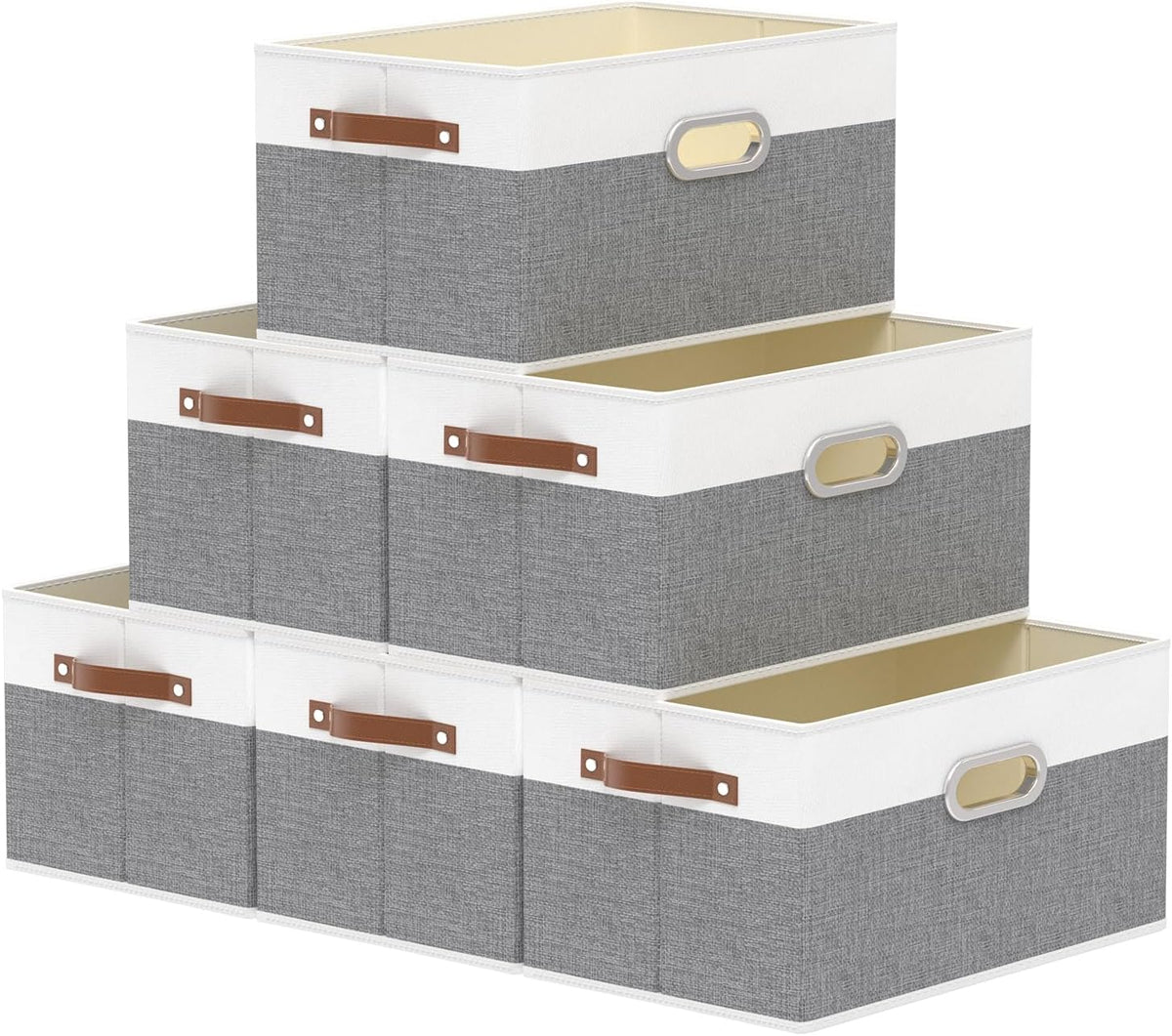 Yawinhe Foldable Storage Baskets for Shelves, Fabric Closet Organizers, Bins with 3 Handles, Cubes for Clothes, White/Grey, 15''Lx9.8''Wx8.3''H, 6-Pack