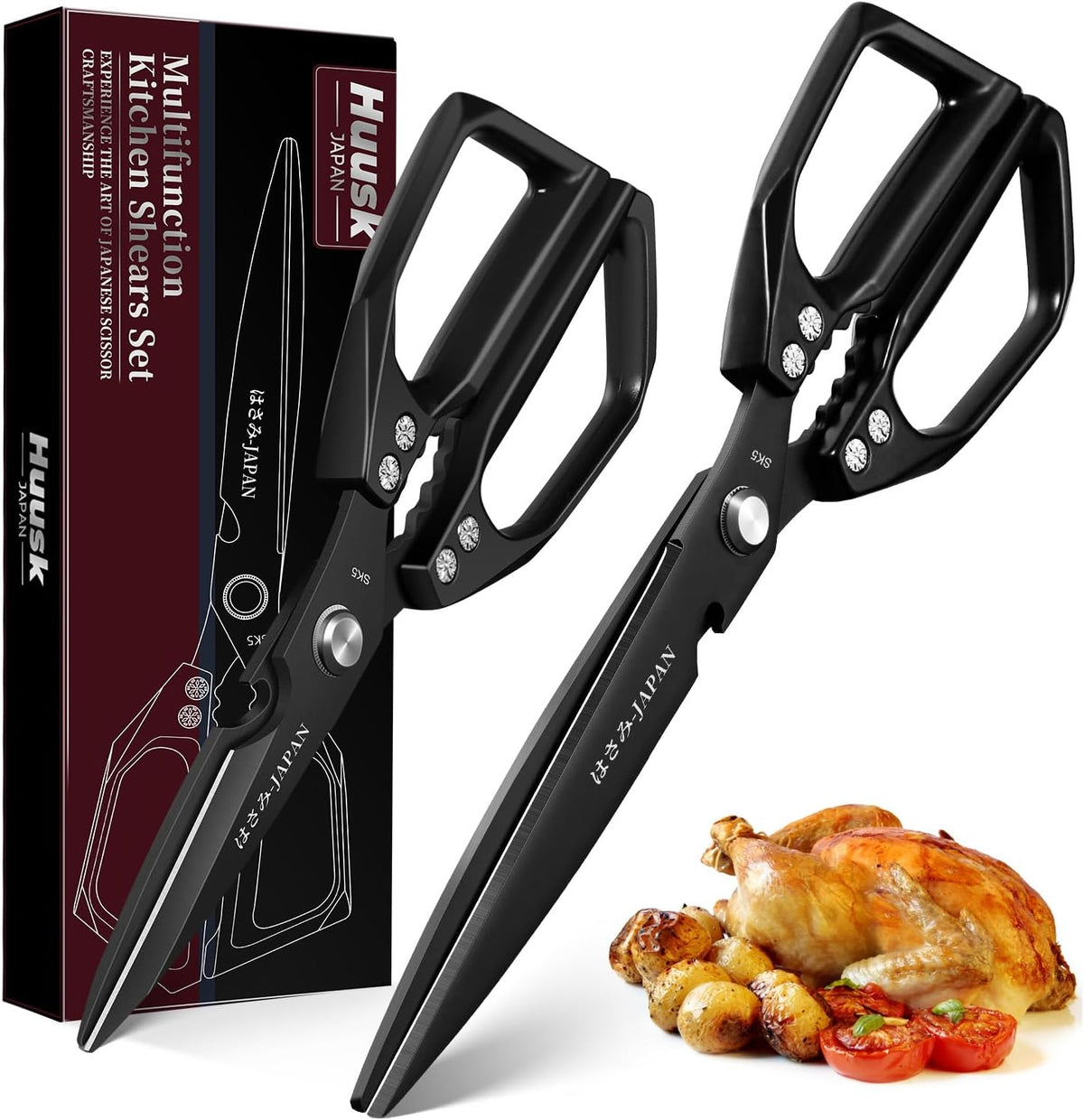 HUUSK Kitchen Scissors Set Black - Upgraded Stainless Steel Kitchen Shear, Sharp Meat Scissors, Heavy Duty Poultry Shears, Japanese Cooking Scissor for Food, Chicken Bones, and Turkey, Dishwasher Safe