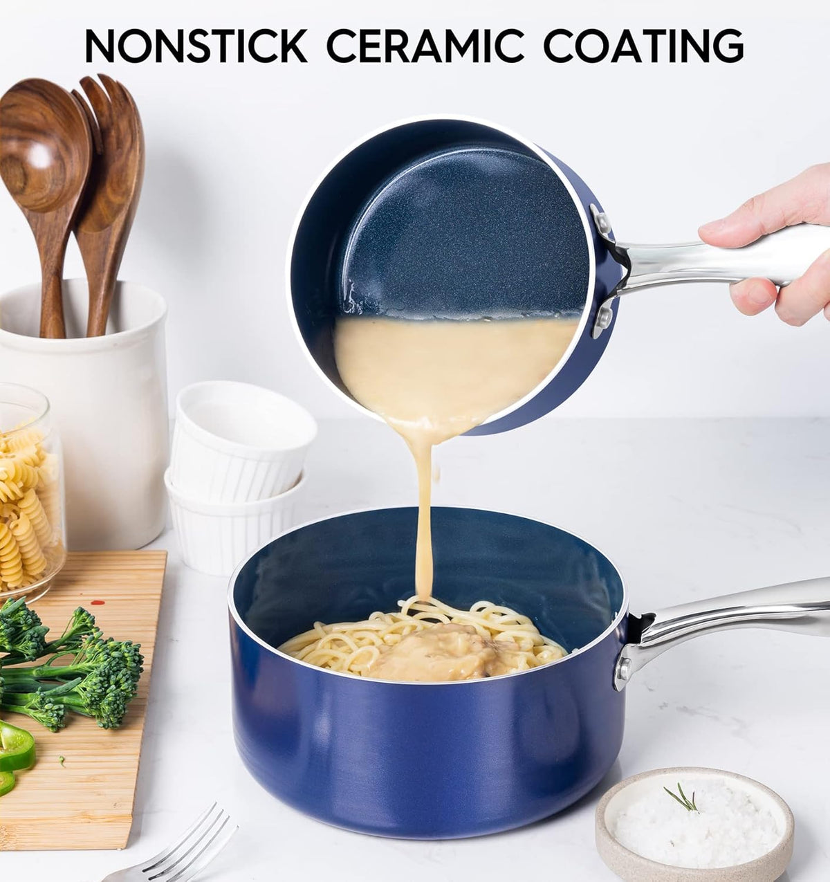 MICHELANGELO 3 Quart Saucepan with Lid, Nonstick Ceramic Sauce Pan with Stainless Steel Handle, 3 Qt Saucepan with Lid Induction Compatible, Oven Safe, Blue