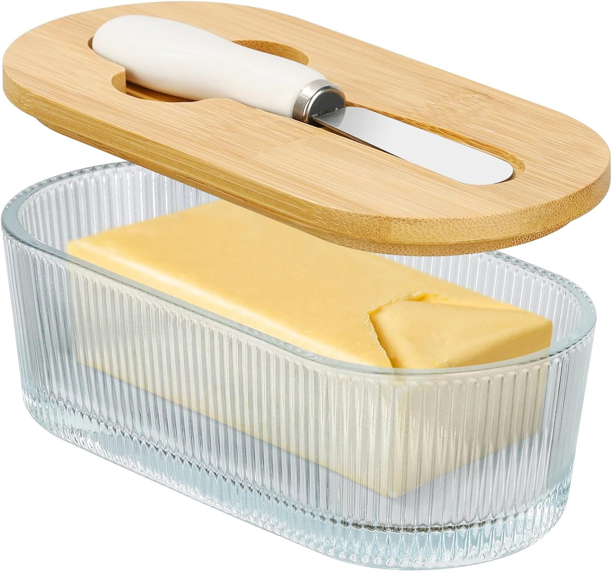 Butter Dish with Lid, Butter Container for Countertop, Butter Tray Butter Keeper with Bamboo Lid and Stainless Steel Knife, Glass Butter Dish Perfect for East/West Coast Butter