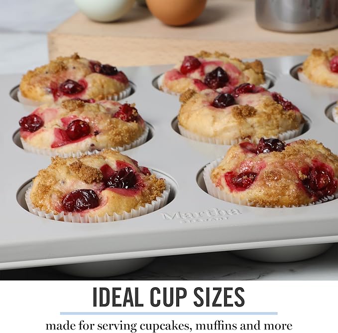 Martha Stewart Gallen 12-Cup Nonstick Carbon Steel Muffin and Cupcake Pan – Cool Grey, Durable Bakeware for Even Baking and Easy Release