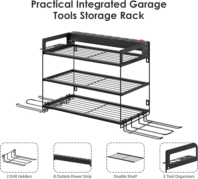 CCCEI Garage Tools Storage with Charging Station. Power Tool Battery Organizer Utility Shelf with Power Strip. 4 Drills Holder Wall Mount Rack, Black 3 Layer.