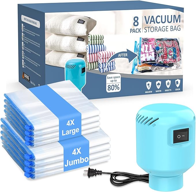 ZXA Vacuum Storage Bags with Electric Air Pump, 8 Pack (4 Large, 4 Jumbo) Vacuum Seal Bags for Clothing, Space Saver Vacuum Storage Bags for Blanket, Duvets, Pillows, Comforters - Blue