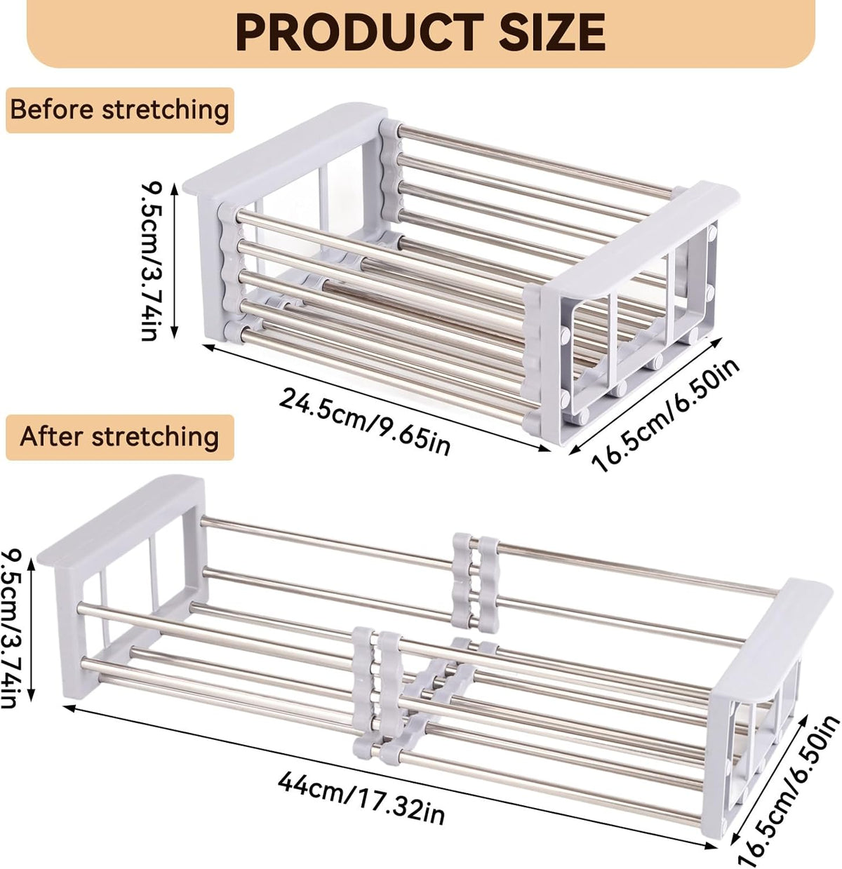 Cyrank Dish Drying Rack, Over The Sink PET Kitchen Rack, Expandable Drain Basket, Adjustable Stainless Steel Strainer, S#Grey