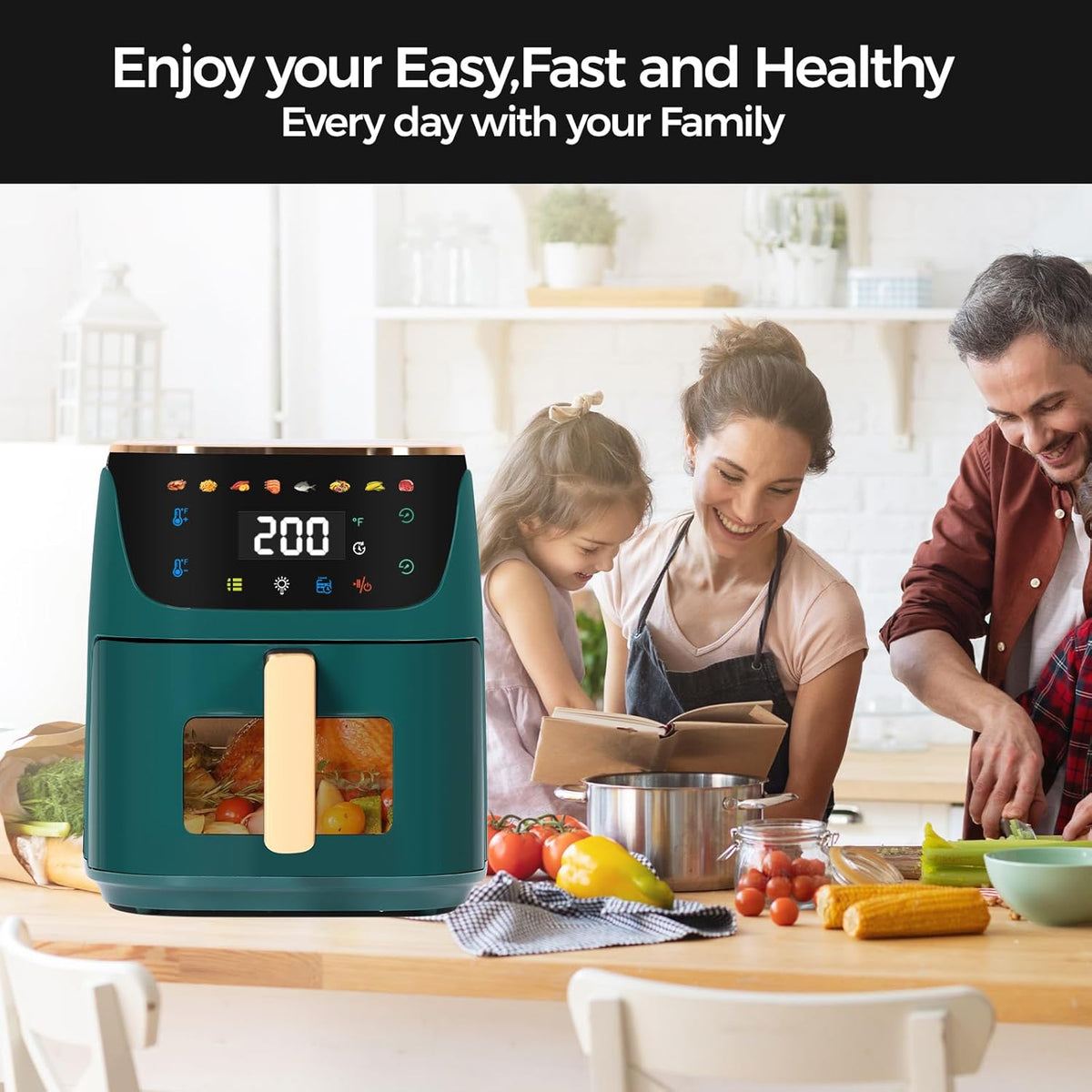 Panana 8QT Large Air Fryer Compact, 8 Preset Menus Airfryer, One-Touch Digital Control Presets, Touchscreen Display, Dishwasher Safe, Nonstick, Fit for Family (Green)