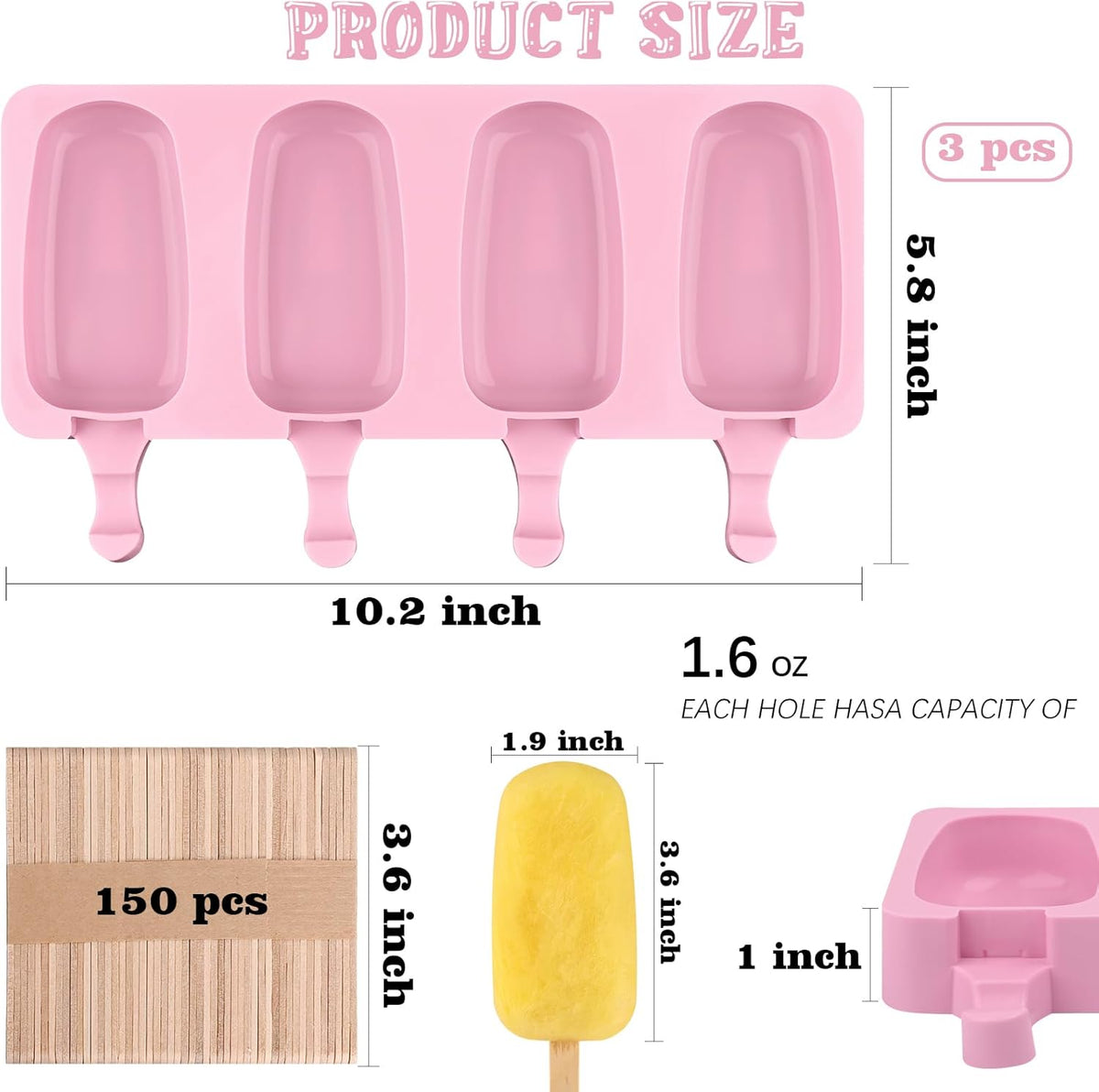 Sakolla Silicone Popsicle Molds Set of 3, Large Oval 4 Cavities Homemade Ice Pop Molds with 150 Wooden Sticks for Ice Cream, Cakesicles, Cake Pop (Pink)