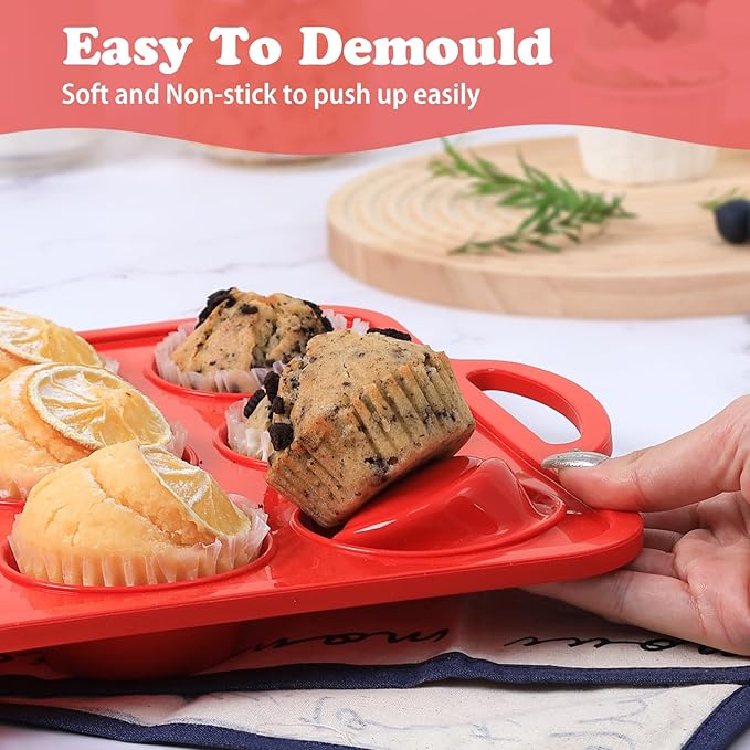 2 Pack Silicone Muffin Pan with Metal Frame, Non-stick Regular Silicone Cupcake Pan with Handles 12 Cup, Silicon Muffin Tin Tray for baking, egg bites, Cupcake Mold, BPA Free Red