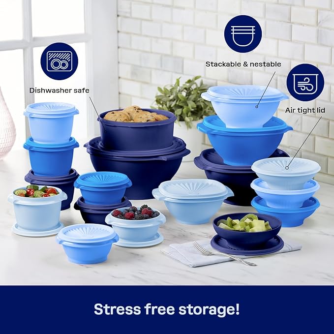 Tupperware Heritage Collection, New 36 Piece Food Storage Container Set in Vintage Blue, Dishwasher Safe and BPA Free (18 containers, 18 lids)