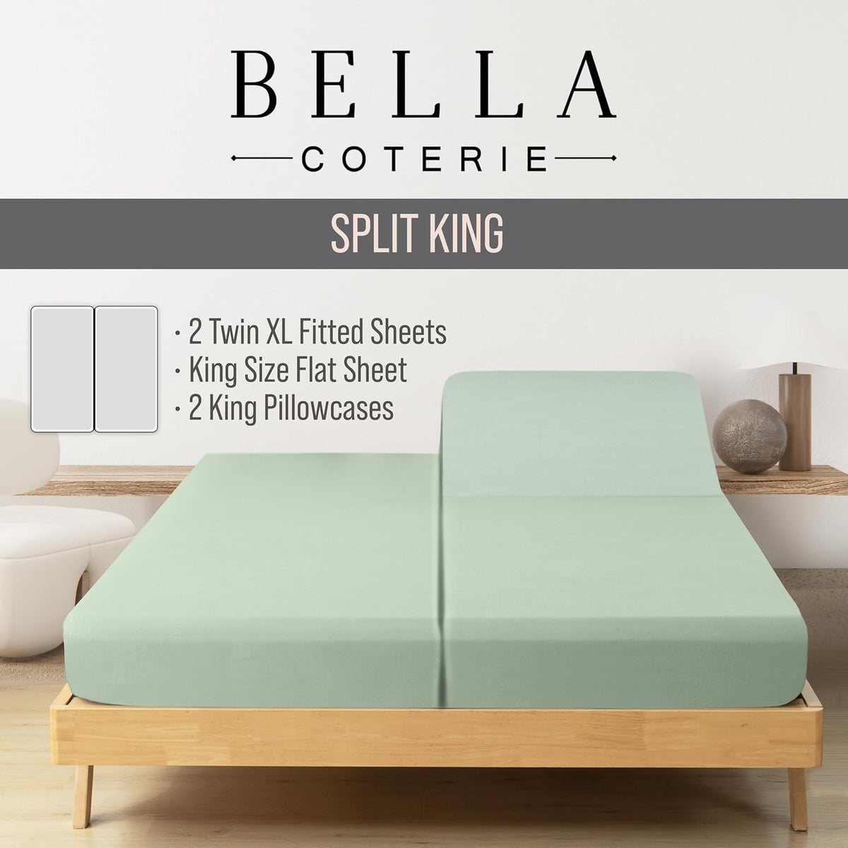 Bella Coterie Luxury Bamboo Viscose Split King Size Sheet Set | 100% Organically Grown | Ultra Soft | Cooling for Hot Sleepers | 18" Deep Pocket [Sea Glass]