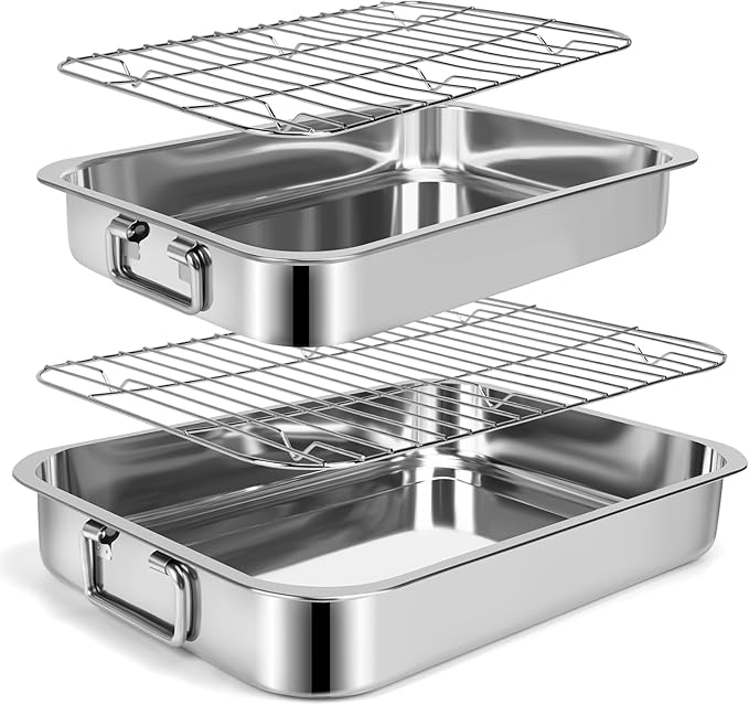 2 Pcs 12.7"15.5" Stainless Steel Roasting Pans with Handles, Baking Pan for Oven with 2 Pcs Flat Racks, Heavy Duty, Dishwasher Safe Rectangular Lasagna Pan with Handles for Turkey Chicken, Silver