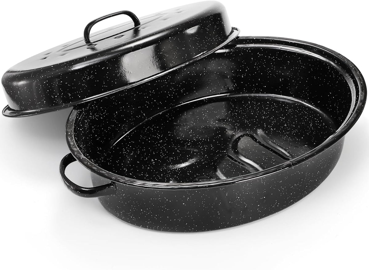 TOPZEA Granite Roasting Pan with Lid, 18" x 12.5" Turkey Roaster Pan Enameled on Steel Nonstick, Covered Oval Roaster Pot Oven Broiler Pan Cookware for Turkey, Chicken, Ham Meat Roast, Dishwasher Safe