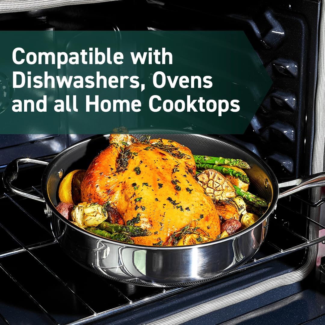 HexClad Hybrid Nonstick 4.5-Quart Deep Sauté Pan with Tempered Glass Lid, Stay-Cool Handle, Dishwasher-Friendly, Oven-Safe Up to 900°F, Induction Ready, Compatible with All Cooktops