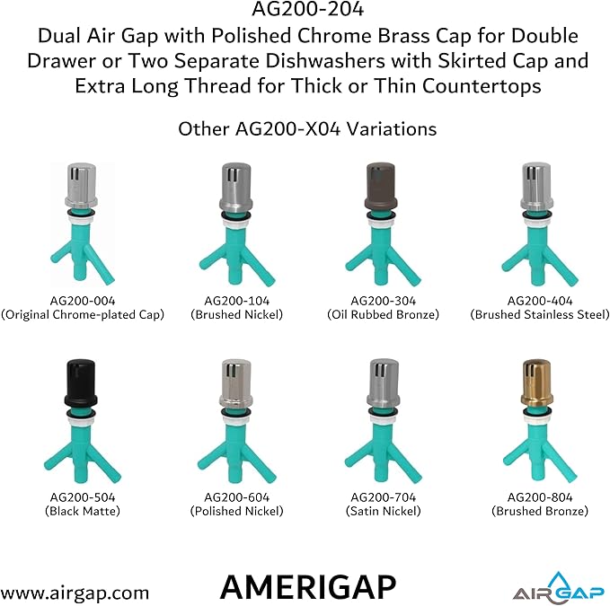 Dual Air Gap with Polished Chrome Brass Cap for Double Drawer or Two Separate Dishwashers with Skirted Cap and Extra Long Thread for Thick or Thin Countertops (AG200-204, AG200-X04, AMERIGAP)