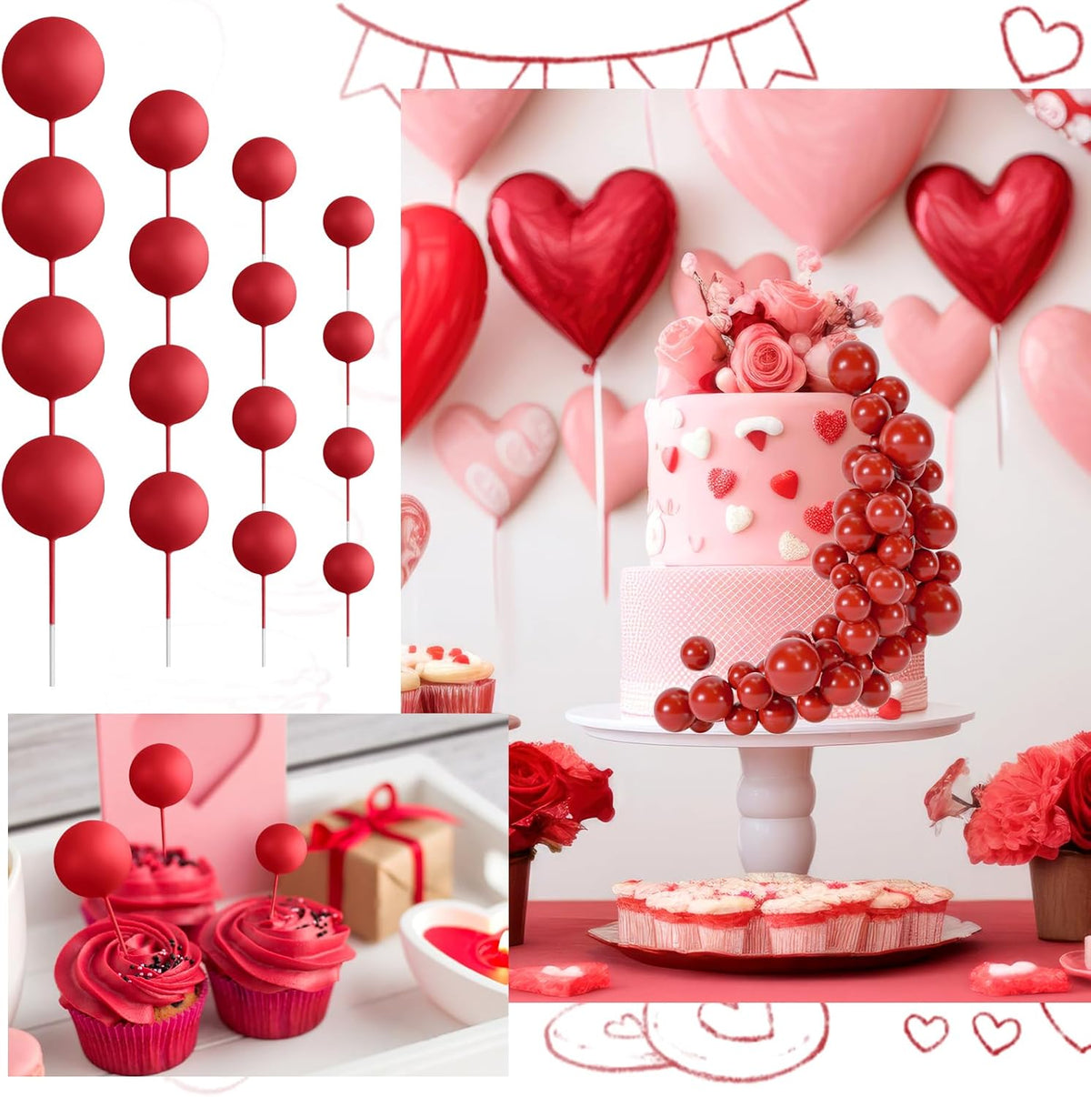 48 Pcs Balls Cake Topper Decorations Balloon Cupcake Toppers Foam Cake Topper Balls Cake Balls Decorations for Birthday Party Wedding Anniversary Cake Decorating (Red)