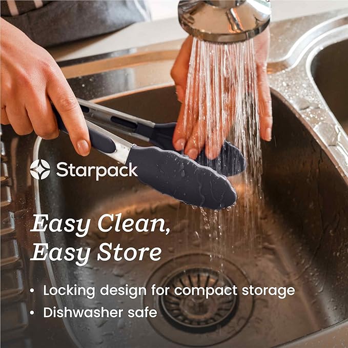 StarPack Premium Silicone Kitchen Tongs 9-Inch - Stainless Steel with Non-Stick Silicone Tips, High Heat Resistant to 600°F, For Cooking, Serving, Grill, BBQ & Salad (Gray Black)