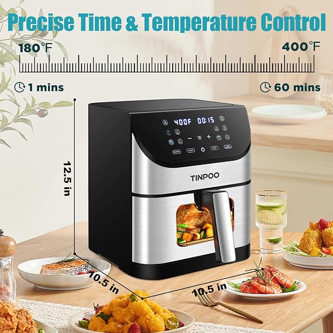 Air Fryer TINPOO 6.2 QT Oilless Large Capacity 1500W Oven Air Fryers Healthy Cooker with 10 Preset, Visual Cooking Window, Non-Stick Basket