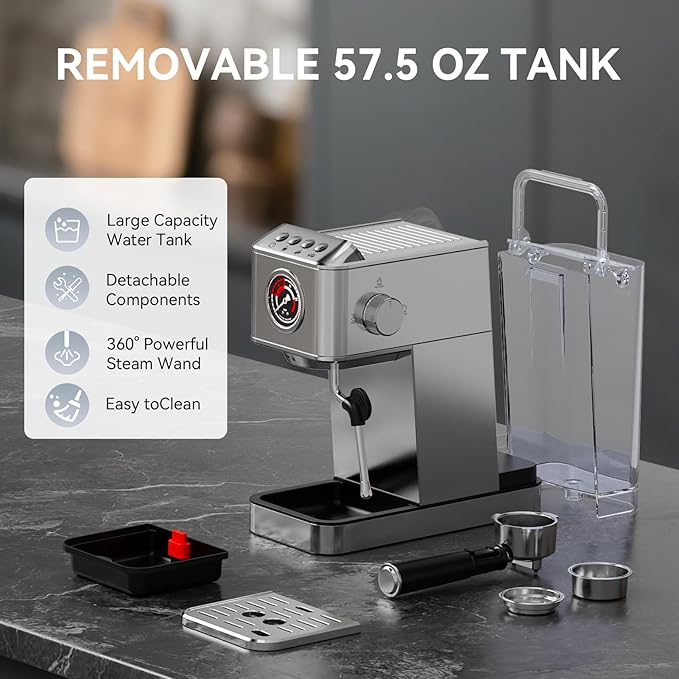 EM623 Espresso Machine 20 Bar with Steam Milk Frother, Stainless Steel Coffee Machine with Removable Water Tank for Cappuccino,Latte, Compact Stainless Steel Coffee maker for home,Great Gift