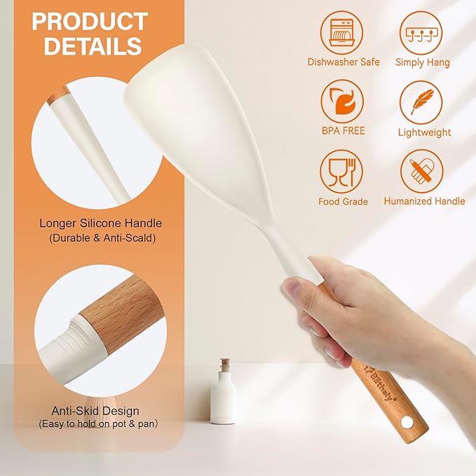 Silicone Cooking Spoon and Pasta Fork Set, 2 Pack Large Spatula Spoons Set with Wooden Handle, Heat Resistant Multifunction Spoon for Cooking, Serving and Mixing Spaghetti (White)