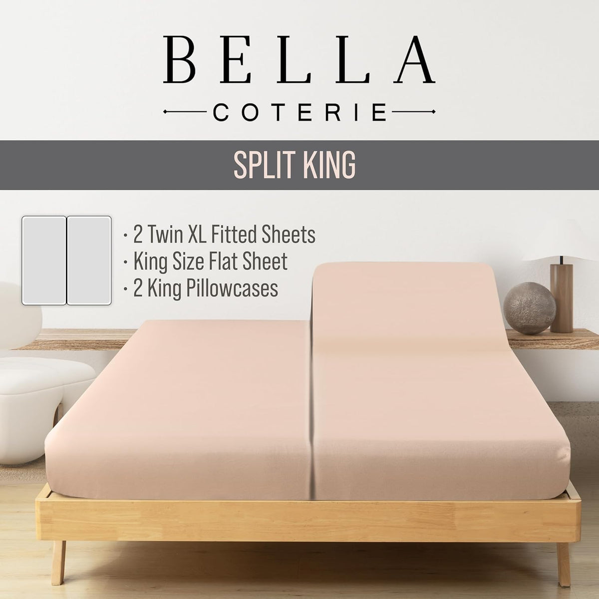 Bella Coterie Luxury Bamboo Viscose Split King Size Sheet Set | 100% Organically Grown | Ultra Soft | Cooling for Hot Sleepers | 18" Deep Pocket [Champagne]