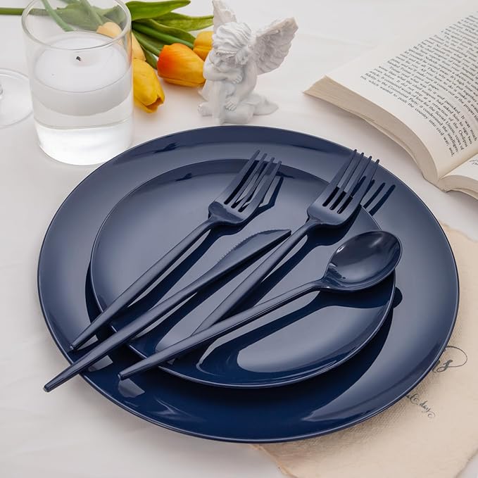 PULOTE 150PCS Blue Plastic Silverware Set - Plastic Cutlery Disposable - Heavy Duty Blue Plastic Utensils Include 50 Forks, 50 Knives,50 Spoons for Party&Wedding