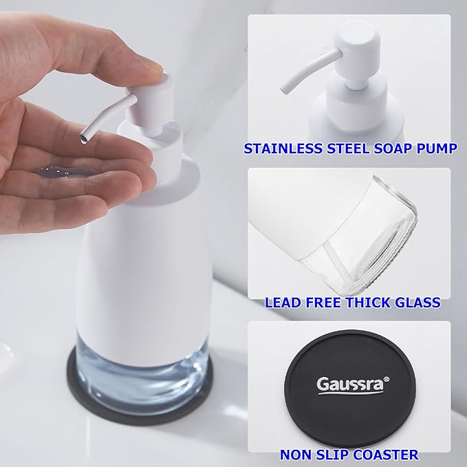 Gaussra White Soap Dispenser with Coaster and Stickers, Stainless Steel and Glass Bottle Hand Pump Dispenser, Refillable Liquid Hand Soap Dispenser for Bathroom & Kitchen (11OZ / 320ML)